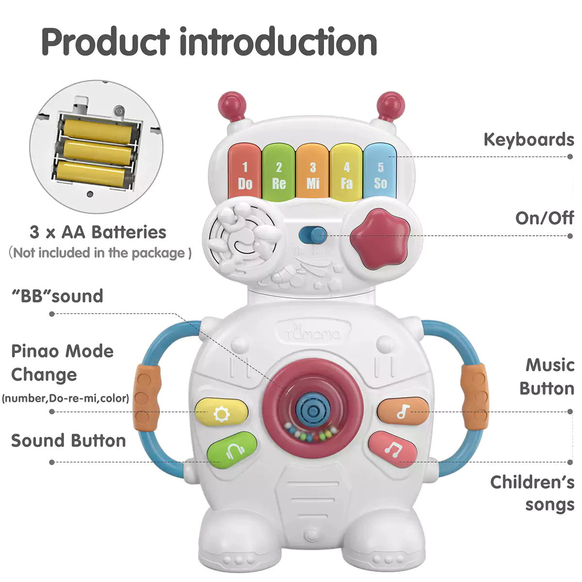 Robot musical toy, number, color, song, early learning educational piano, musical instrument for babies toddlers 18 Months+