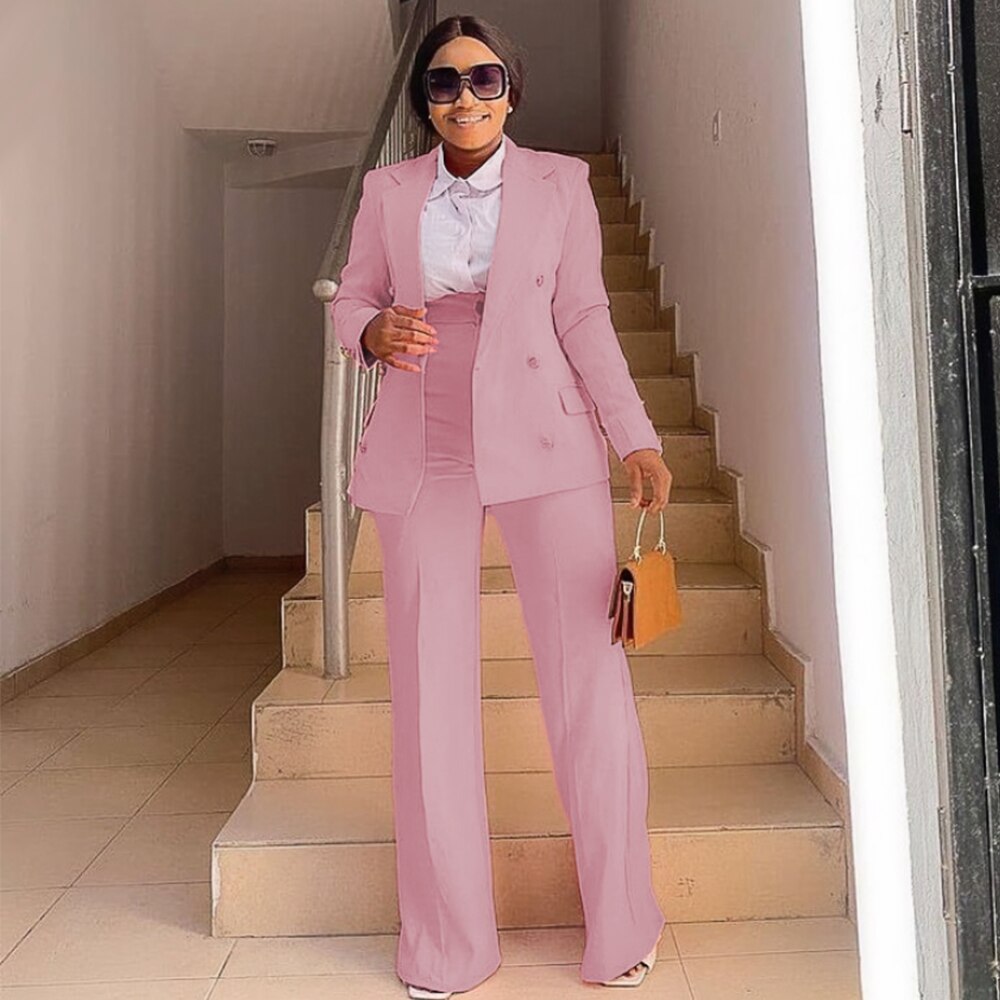 Business Women Blazer Sets 2 Piece Outfits Pink Jacket Wide Leg Pants