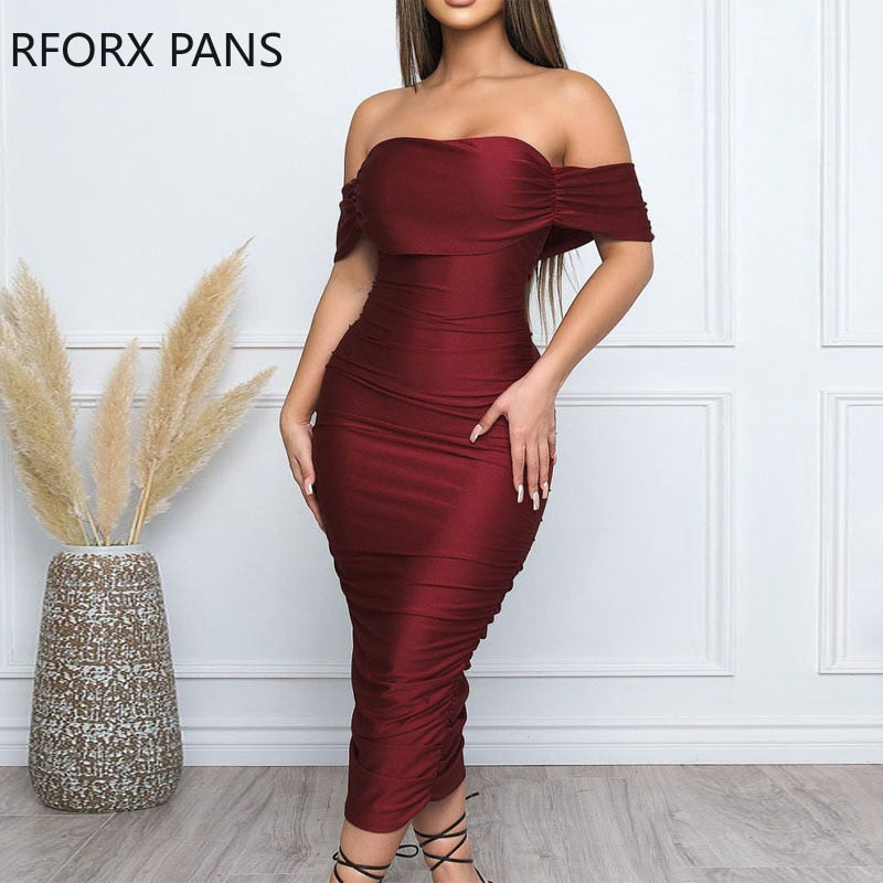 Women Solid Elegant  Off  Shoulder Shirring Midi Bodycon Party Formal Wine Red Dress