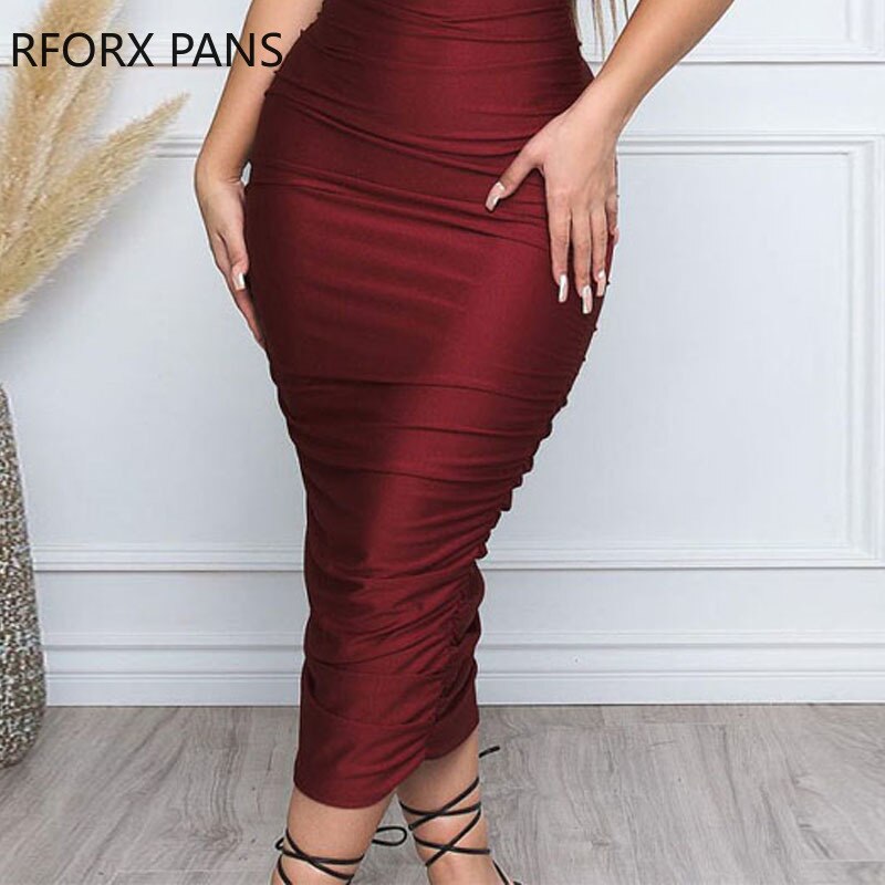 Women Solid Elegant  Off  Shoulder Shirring Midi Bodycon Party Formal Wine Red Dress