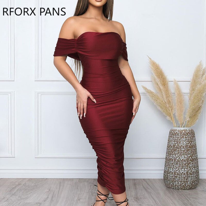 Women Solid Elegant  Off  Shoulder Shirring Midi Bodycon Party Formal Wine Red Dress