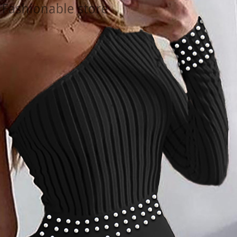 Women Single Shoulder Long Sleeve Beads Design Solid Color Jumpsuit