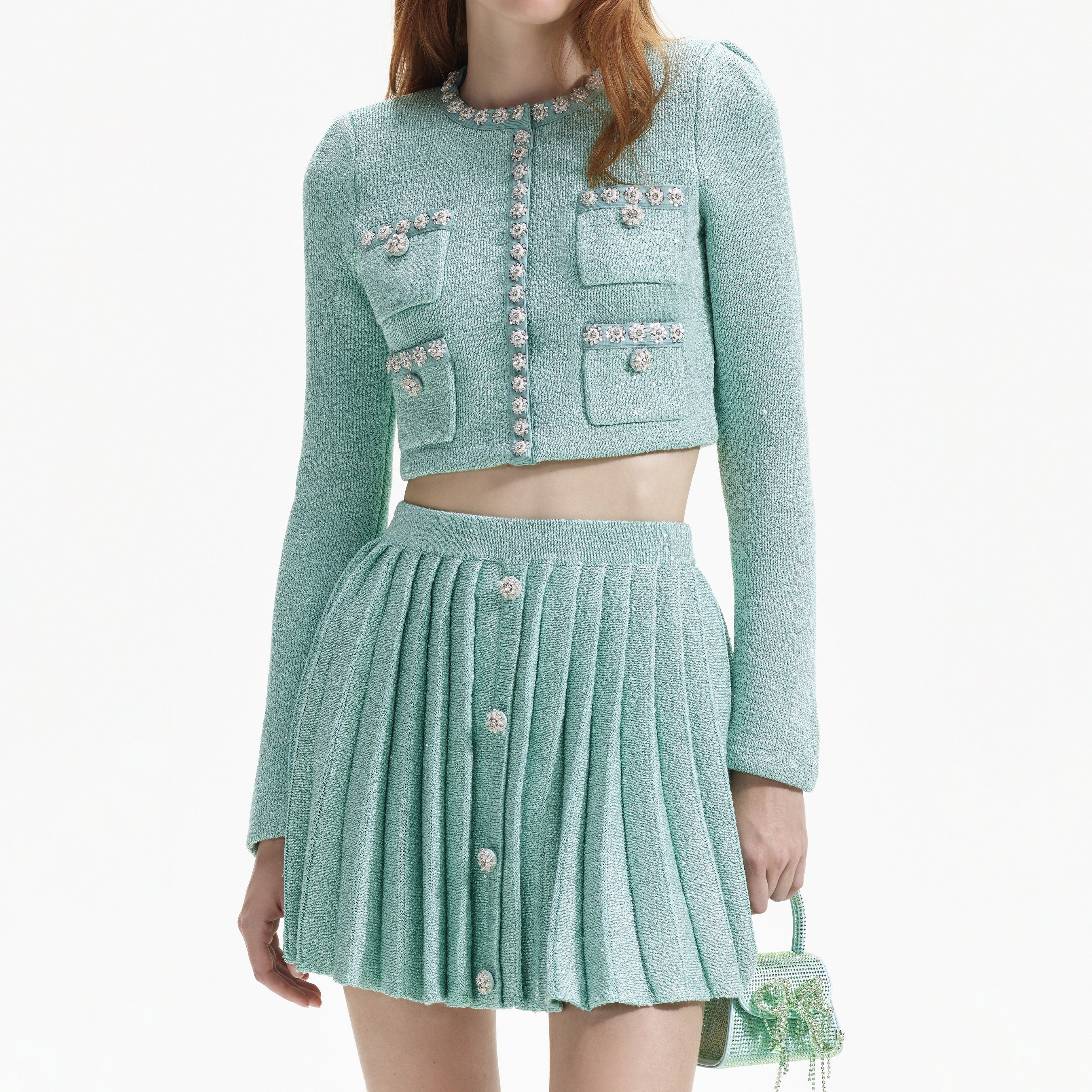 Mint Sequin Pleated Knit Skirt