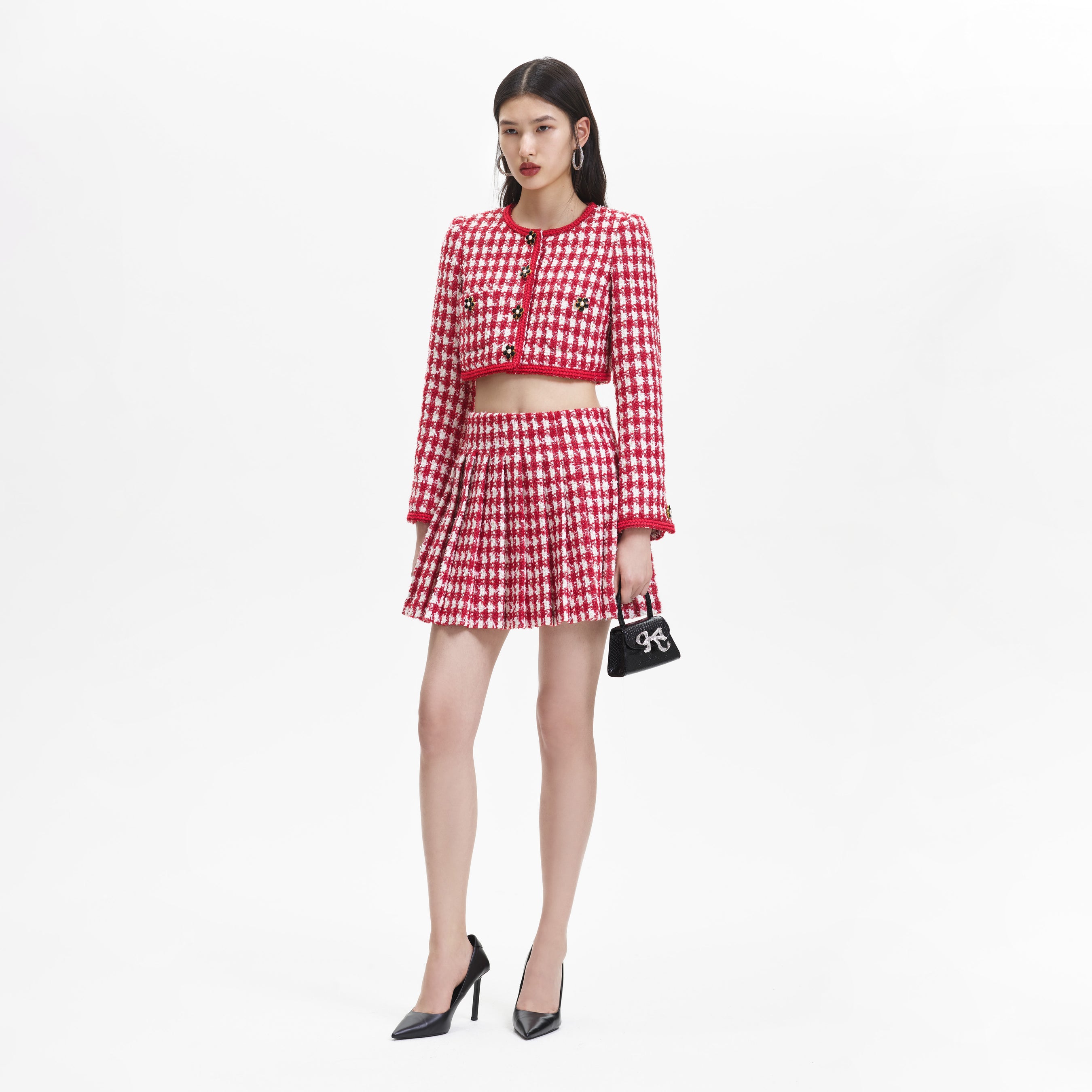 Red Check Boucle Pleated Mini Skirt