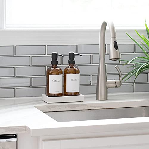 MaisoNovo Glass Soap Dispenser with Pump and Concrete Tray | Vintage Soap Dispenser Bathroom and Kitchen Set w. Dish Soap, Hand Soap, Lotion Waterproof Labels | Amber Bottles with Black Pumps