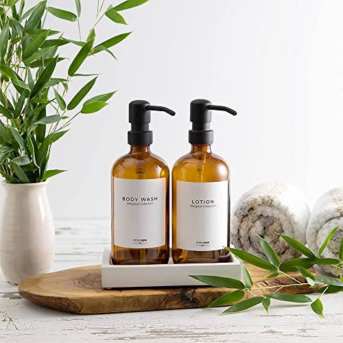 MaisoNovo Glass Soap Dispenser with Pump and Concrete Tray | Vintage Soap Dispenser Bathroom and Kitchen Set w. Dish Soap, Hand Soap, Lotion Waterproof Labels | Amber Bottles with Black Pumps