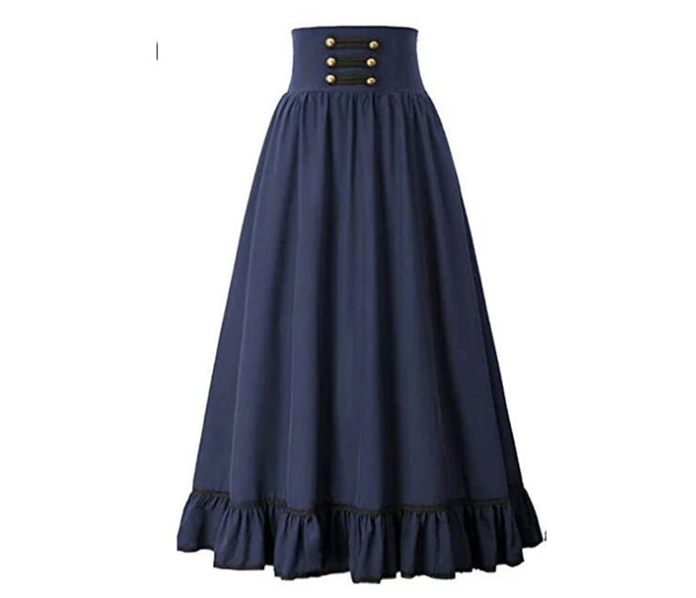 Women Victorian Skirt Steampunk Gothic Maxi Skirt High Waist Ruffled Hem A-Line Corset Vintage Pleated Casual Party Skirts Lady