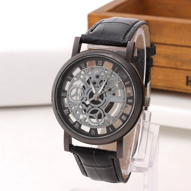 Quartz Skeleton Wristwatch With Leather Band