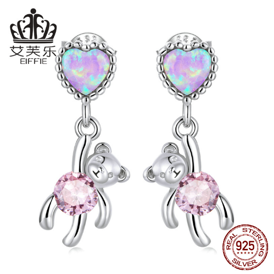 Sterling Silver Opal Heart Bear Earrings