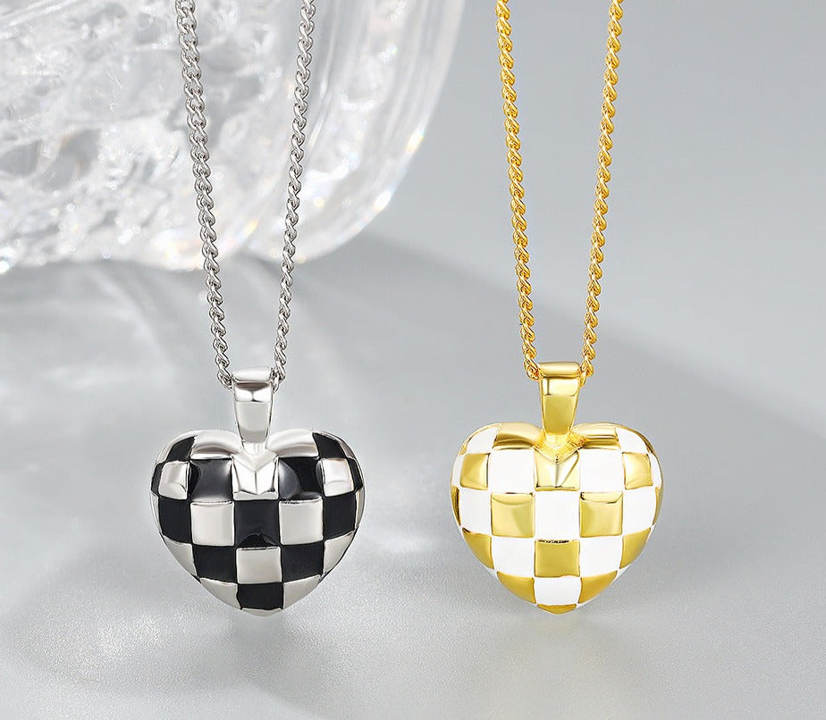 925 Sterling Silver Checkerboard Heart Necklace