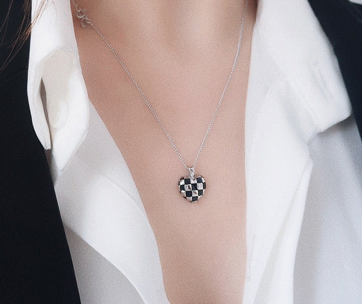 925 Sterling Silver Checkerboard Heart Necklace