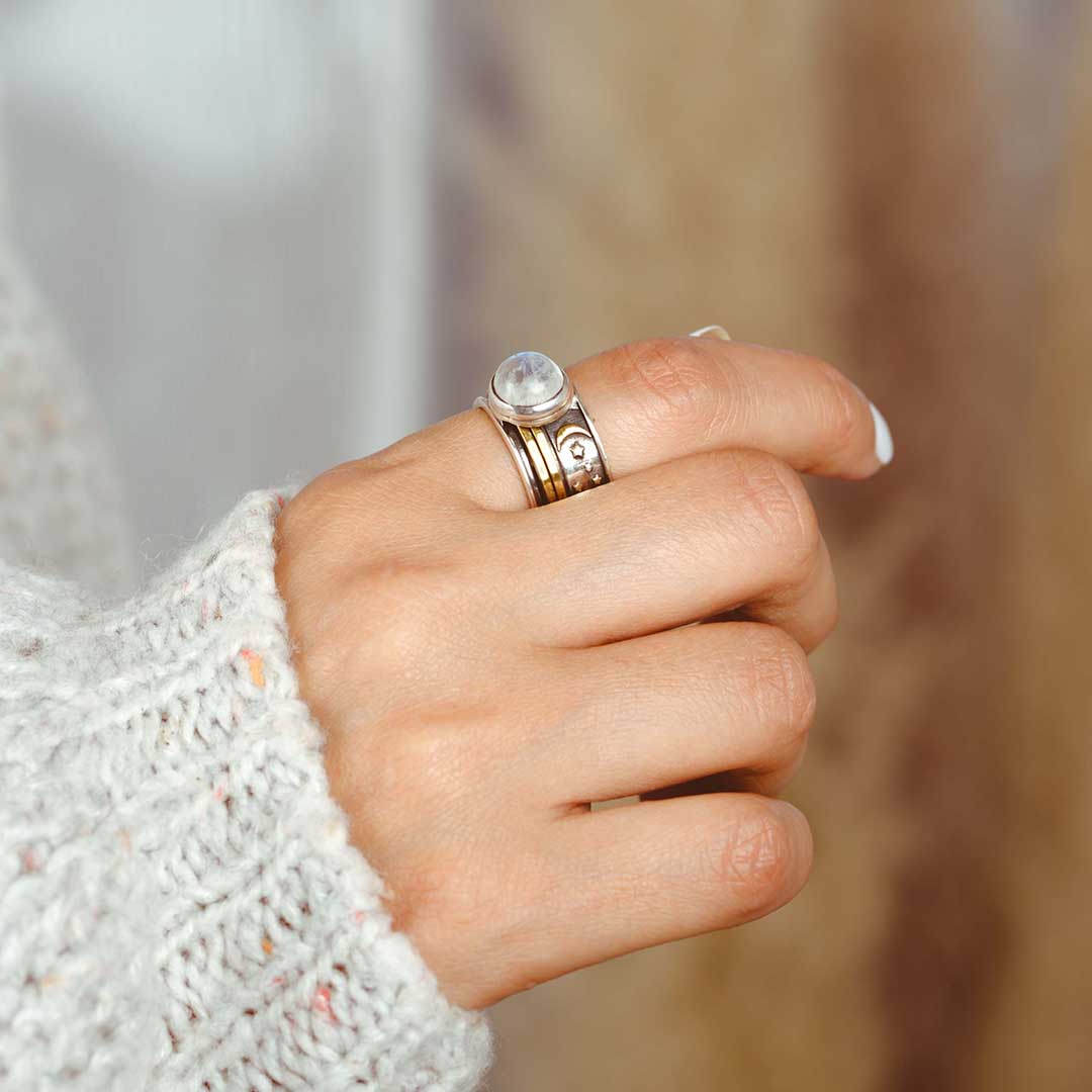 Stars Moon and Moonstone Fidget Ring Sterling Silver