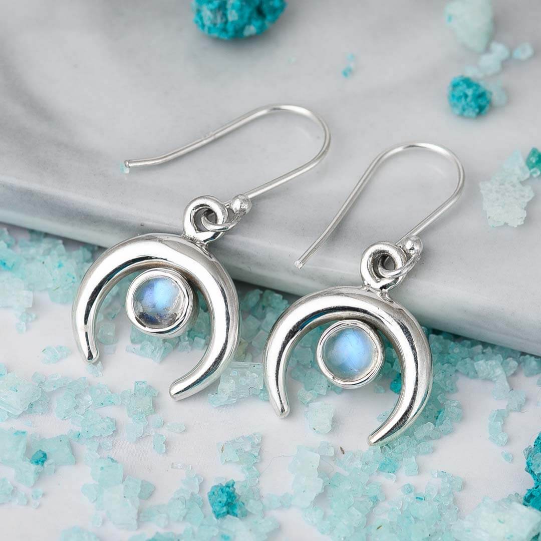 Crescent Moon Earrings with Moonstone Sterling Silver