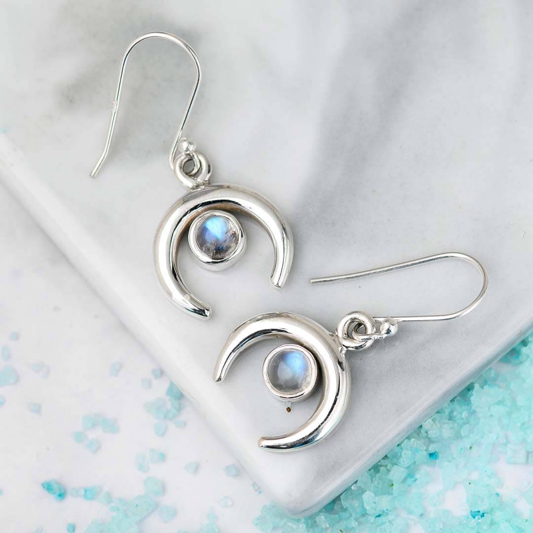 Crescent Moon Earrings with Moonstone Sterling Silver