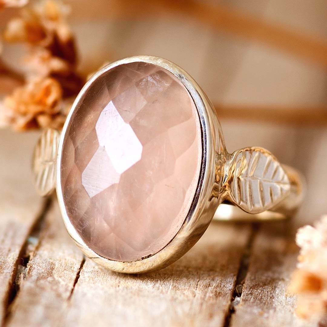 Rose Quartz Leaf Ring Sterling Silver