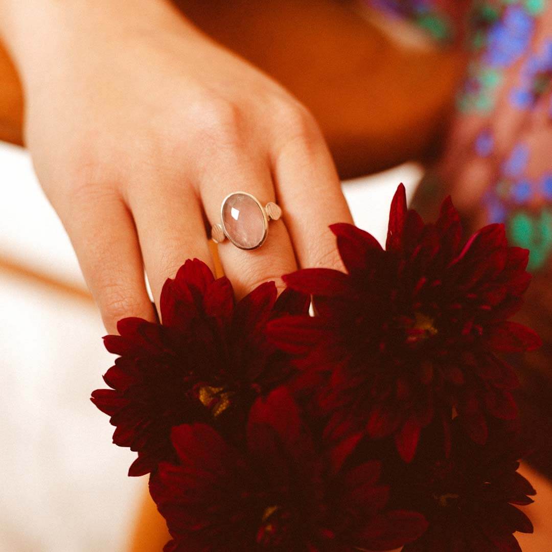 Rose Quartz Leaf Ring Sterling Silver