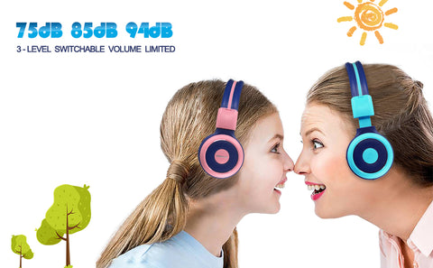 Parent and kid wear SIMOLIO wired headphones with 3 levels volume limiter