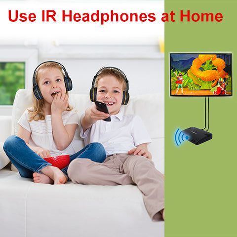 Two kids use SIMOLIO wireless car headphones as a tv headphones to work with SM-264D transmitter on TV at home