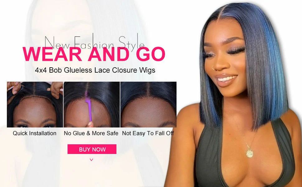 Wesface Short Bob Straight Wear Go 4x4 Pre-Cut Airy Cap Wig Lace Closure Glueless Human Hair Wig 180% Density