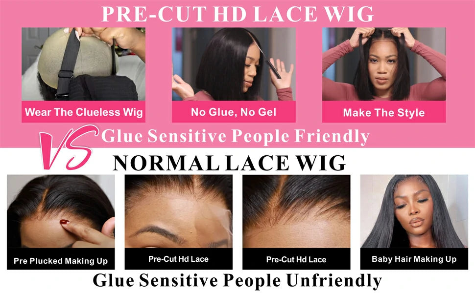 Wesface Short Bob Straight Wear Go 4x4 Pre-Cut Airy Cap Wig Lace Closure Glueless Human Hair Wig 180% Density