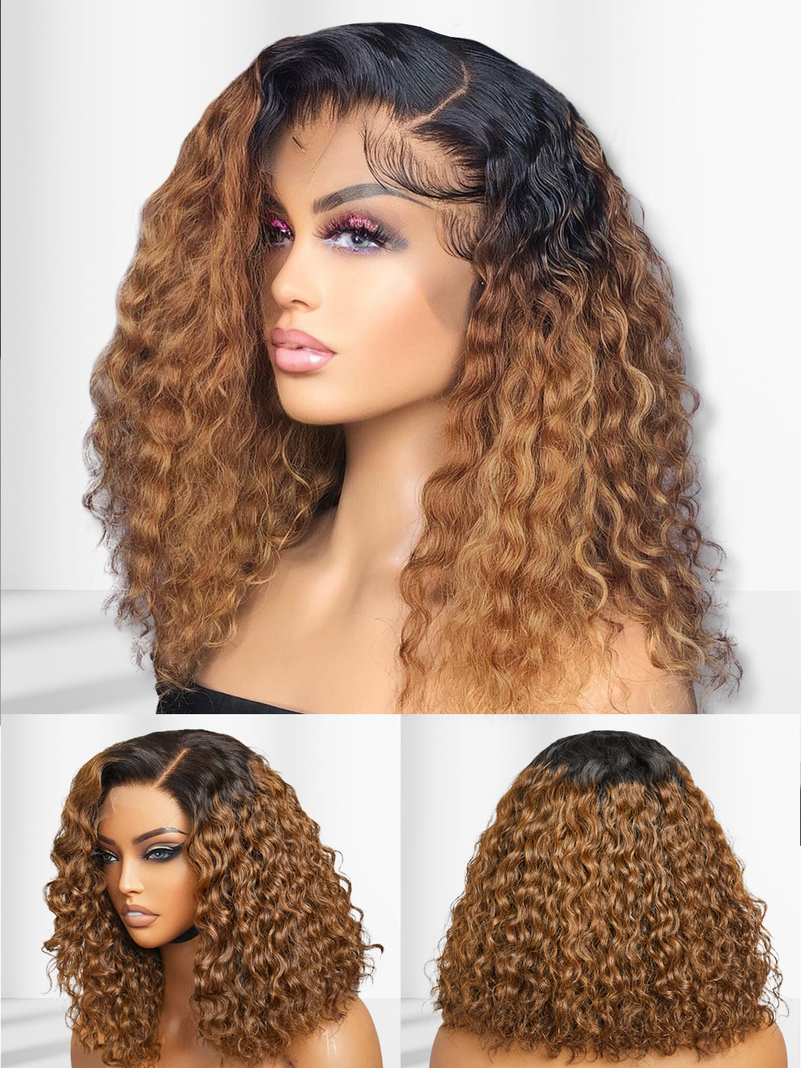 Wesface 1B/33 Ombre Black with Brown Color Lace Human Hair Wigs 13x4 HD Lace Front Wig Curly Wigs