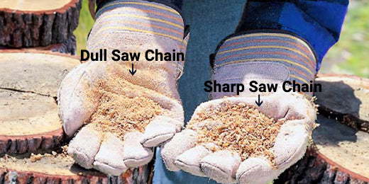 difference between the wood chips cut by a sharp chainsaw chain and the wood dust cut by a dull chainsaw chain