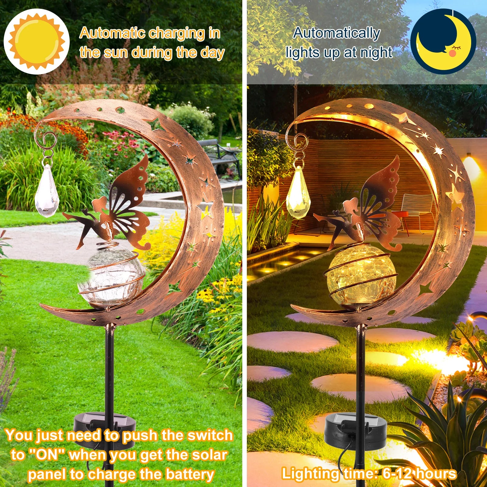 Fairy Moon Solar Light Lawn Outdoor Ornament Creative Decorative Iron Hollow Crack Ball Lamp Angle Art Led Yard Decor