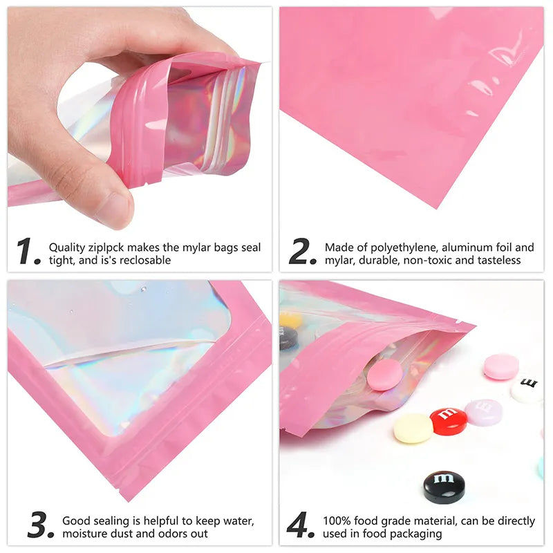 50pcsThick Smell Proof Mylar Bags Holographic Laser Color Plastic Packaging Pouch Jewelry Retail Storage Pouch Gift Zip Lock Bag