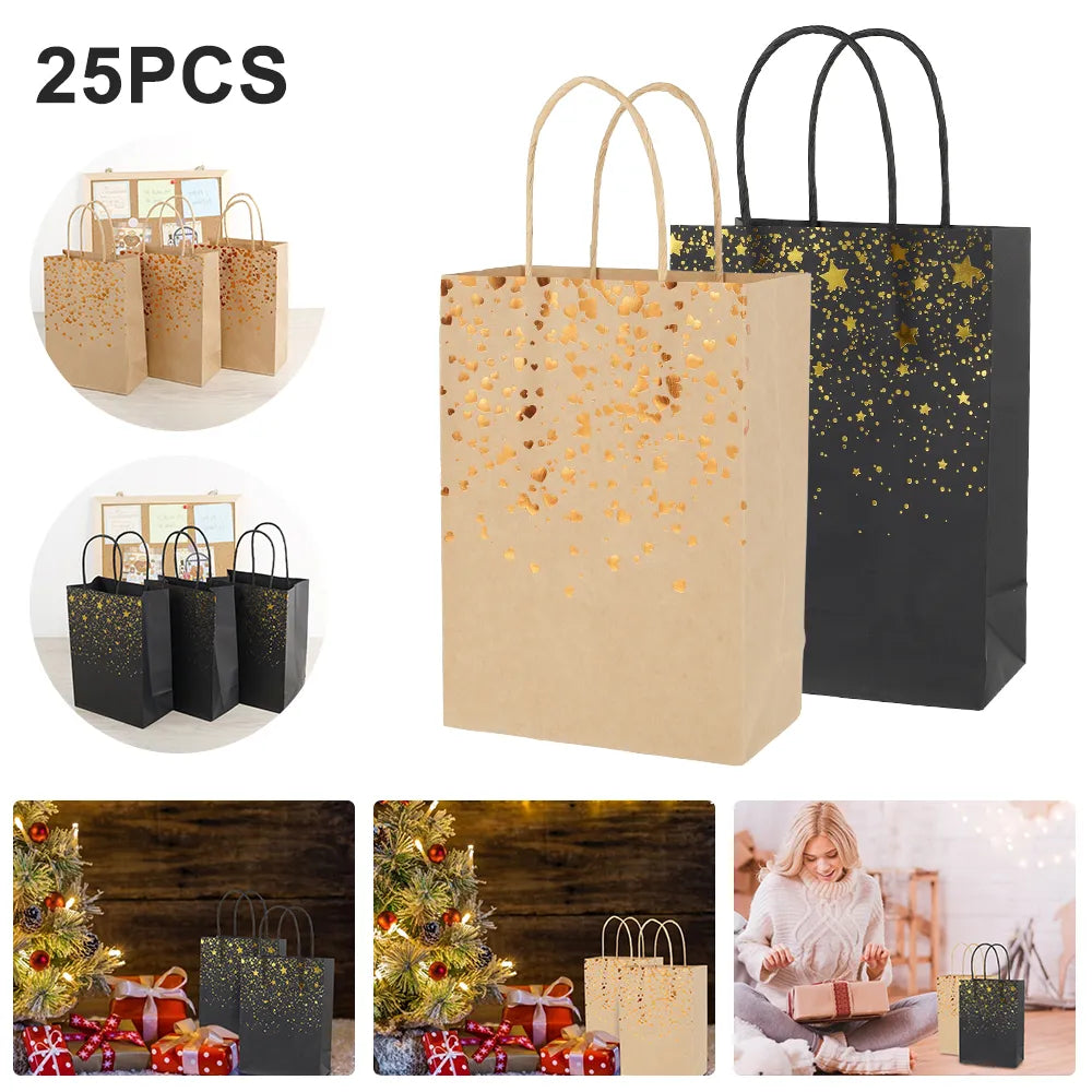 25Pcs Gift Bags Kraft Paper Bags with Handles Party Decoration Sweets Candy Bag for Christmas Birthday Wedding Guest Favor Gifts