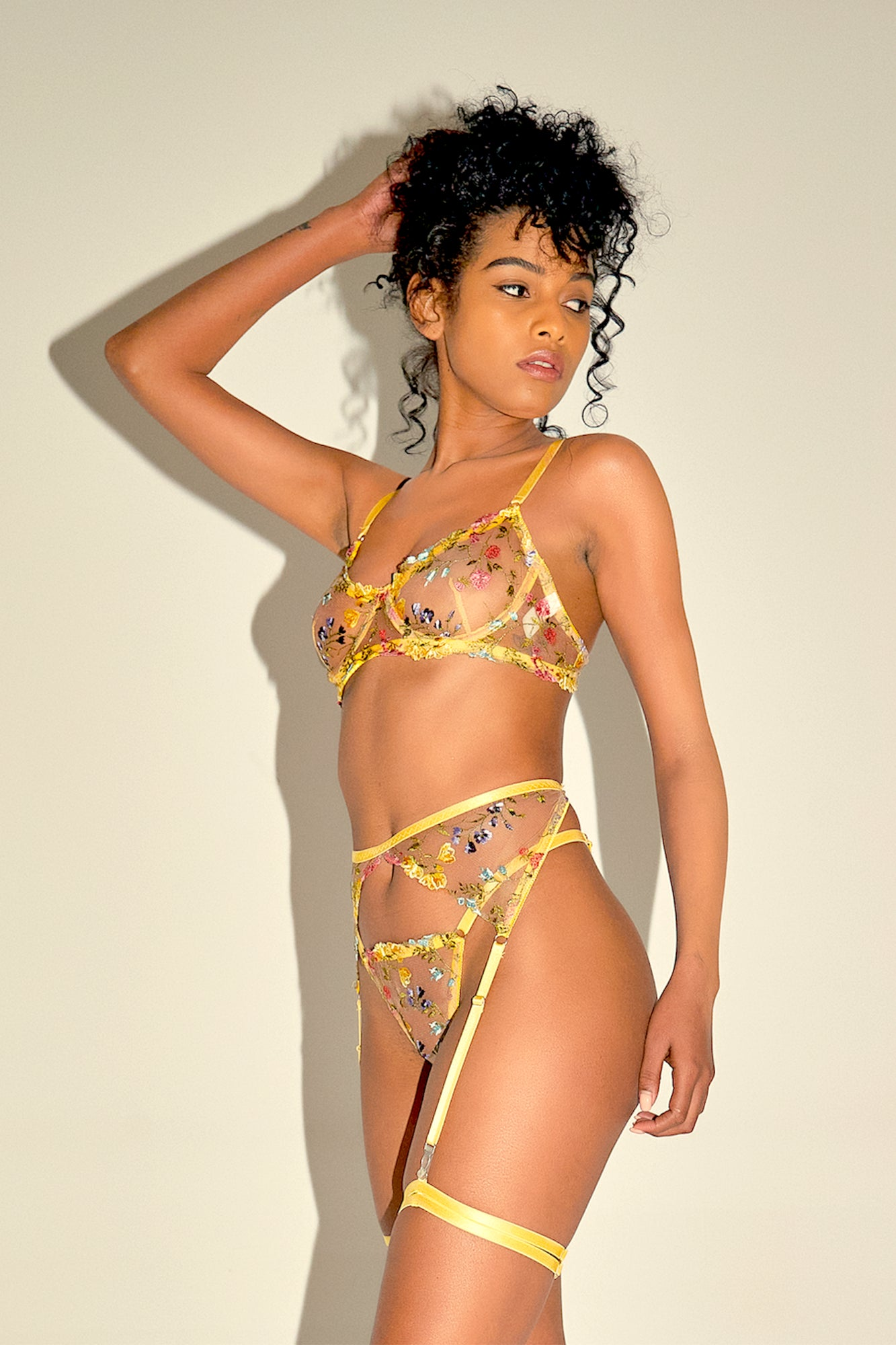 See Through Floral Yellow Lingerie Set