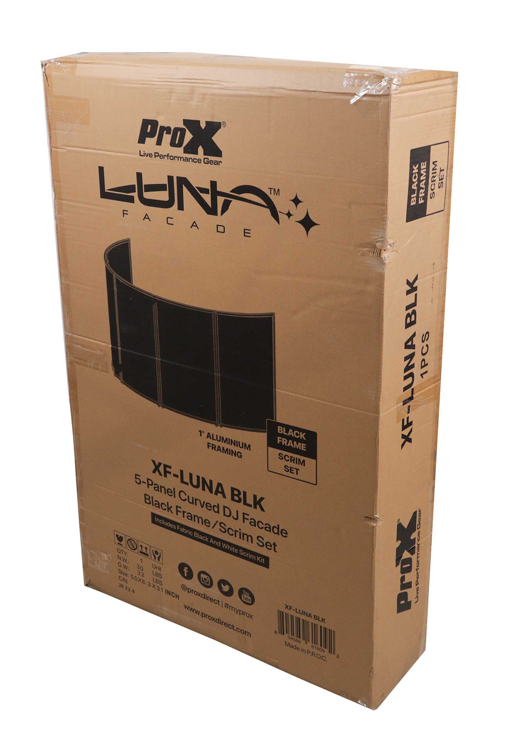 ProX XF-LUNA BLK, DJ Facade 5 Panel Curved with Black White Scrim Kit Black Hardware