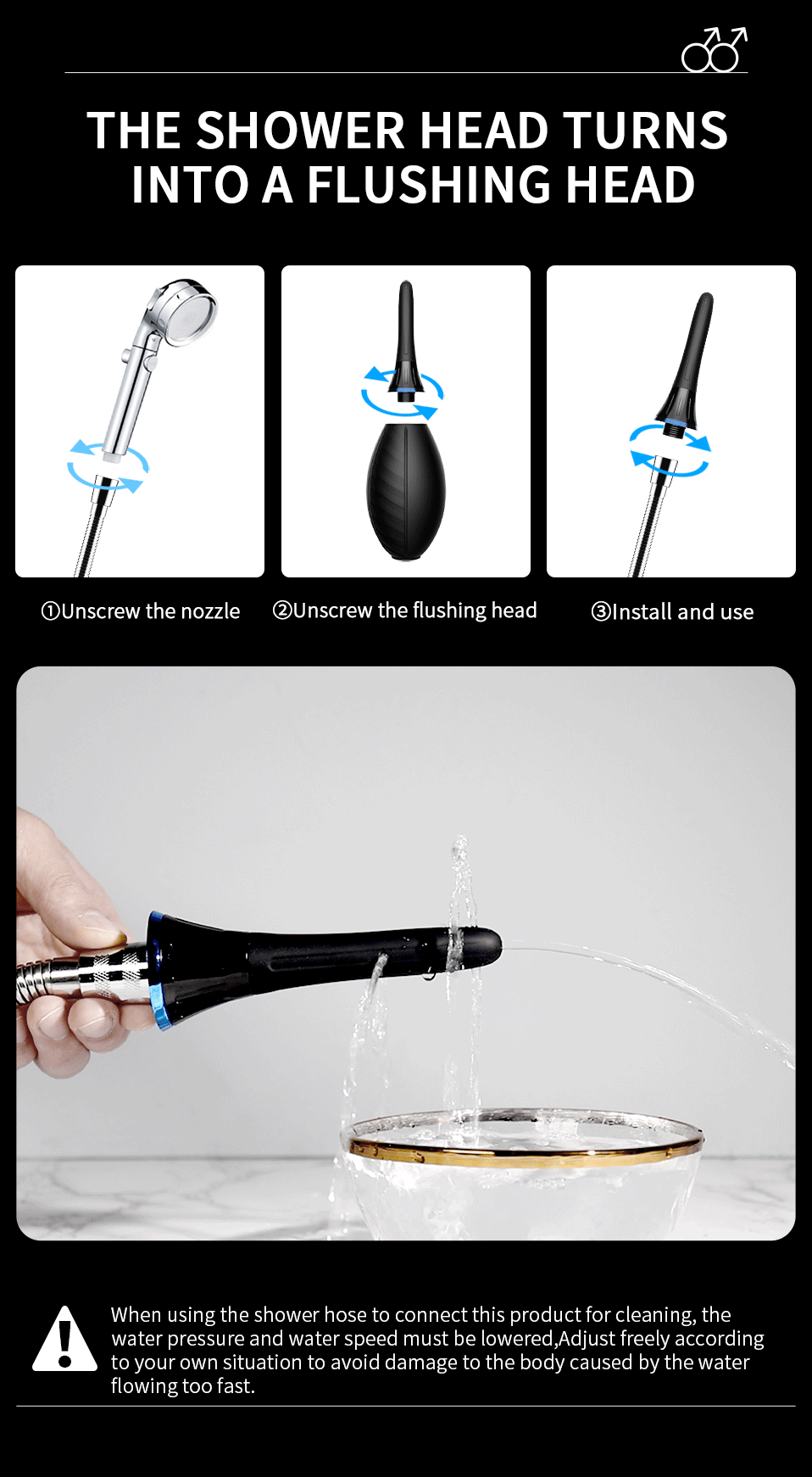 Hands-free anal douche for men and women, easy to use when connected to a shower. The interface diameter is 20mm ( 0.79 inches), fit for most showers.