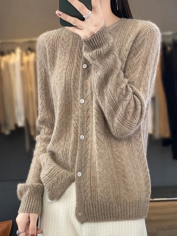 Wool Cardigan Womens Clothing O-neck Sweater Mujer Long Sleeve Tops Knitwears Korean Fashion Style Outerwears Crochet