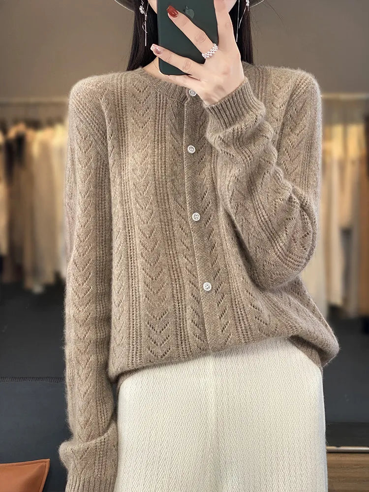 Wool Cardigan Womens Clothing O-neck Sweater Mujer Long Sleeve Tops Knitwears Korean Fashion Style Outerwears Crochet