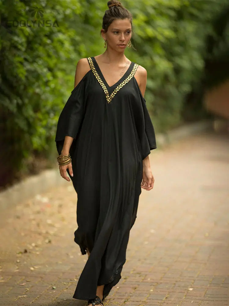 Sexy Cold Shoulder V Neck Bats Sleeve Loose Summer Beach Dress Plus Size Women Beachwear Kaftan Black Dresses