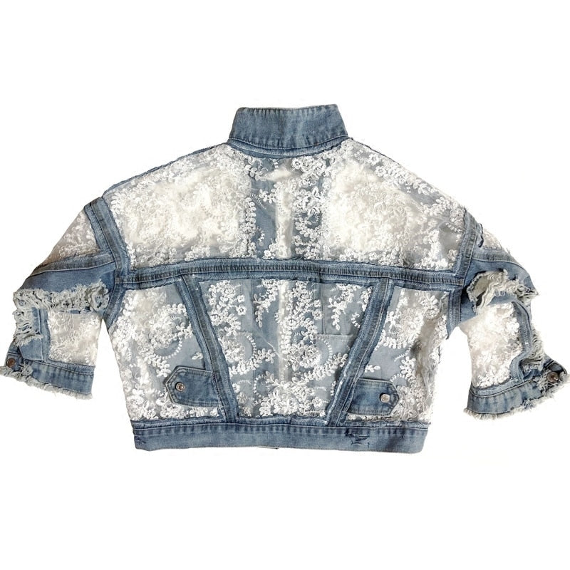 Streetwear Women Lace Hook Flower Hollow New Patchwork Frayed Edges Hole Denim Jacket Summer Long Sleeve Casual Veste Femme