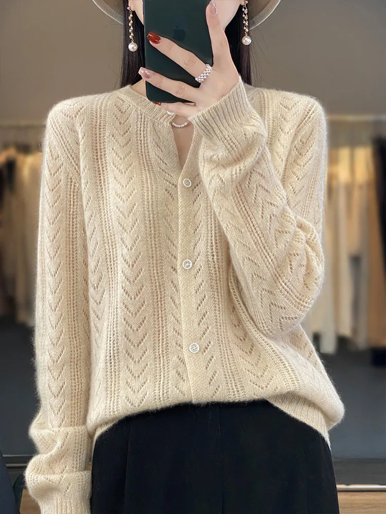 Wool Cardigan Womens Clothing O-neck Sweater Mujer Long Sleeve Tops Knitwears Korean Fashion Style Outerwears Crochet