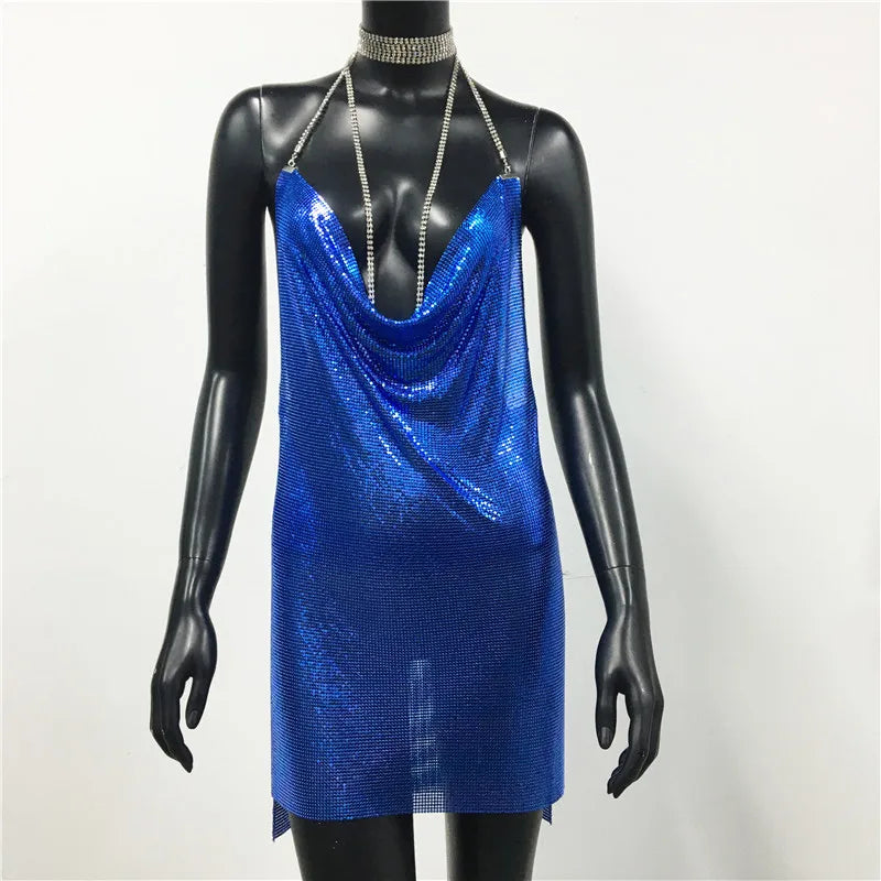 Y2K Metal Sequined Backless silver Dresses Women Sexy Low Cut V-Neck Short Dress Nightclub Party Hollow Out Summer Sling Skirt