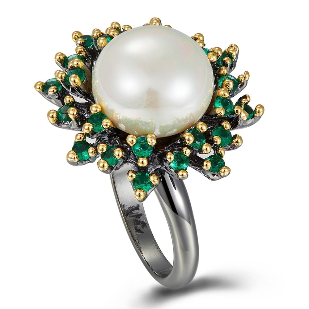Blossoming Flower Rings Promise Wedding Unique Green Zircon White Pearl Elegant