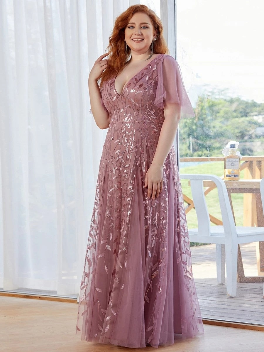 Plus Size Prom Dresses Romantic Shimmery V-Neck Ruffle Sleeves