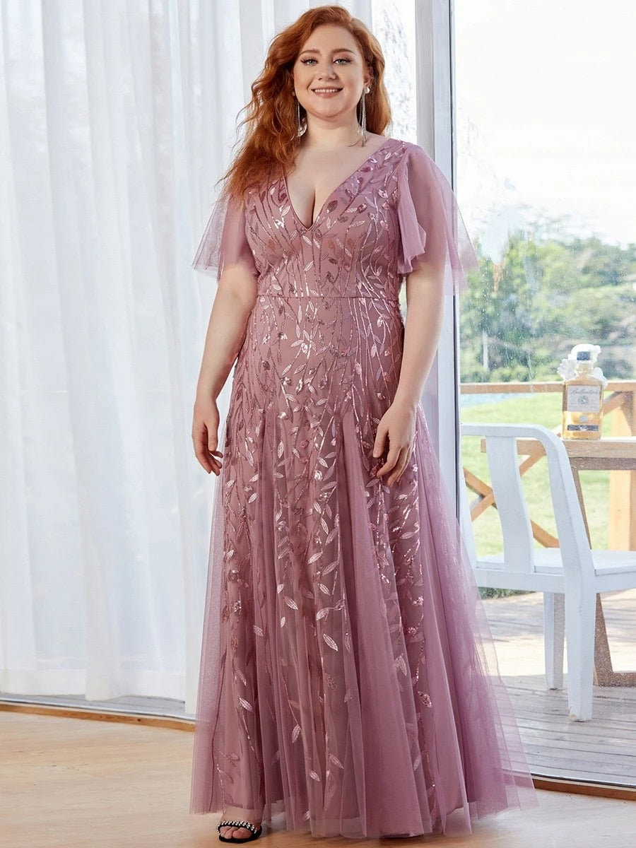 Plus Size Prom Dresses Romantic Shimmery V-Neck Ruffle Sleeves