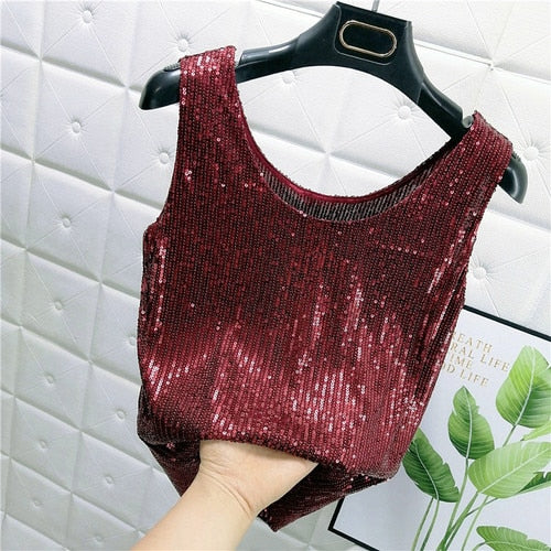 Sparkling Sequins Round Neck Vest  Bright Silk Fashion Glitter Bottoming Shirt Suspender Top