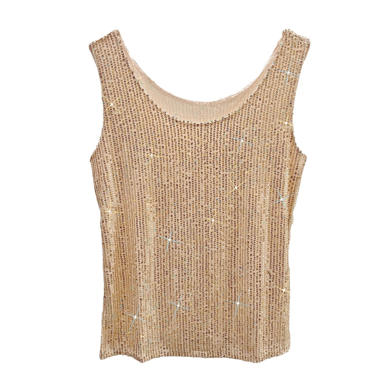 Sparkling Sequins Round Neck Vest  Bright Silk Fashion Glitter Bottoming Shirt Suspender Top