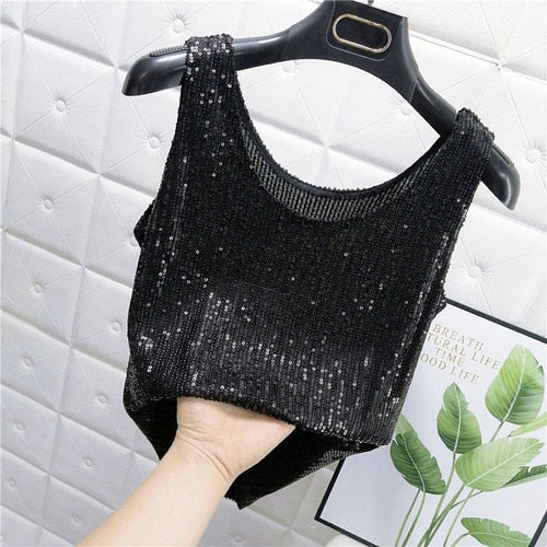 Sparkling Sequins Round Neck Vest  Bright Silk Fashion Glitter Bottoming Shirt Suspender Top