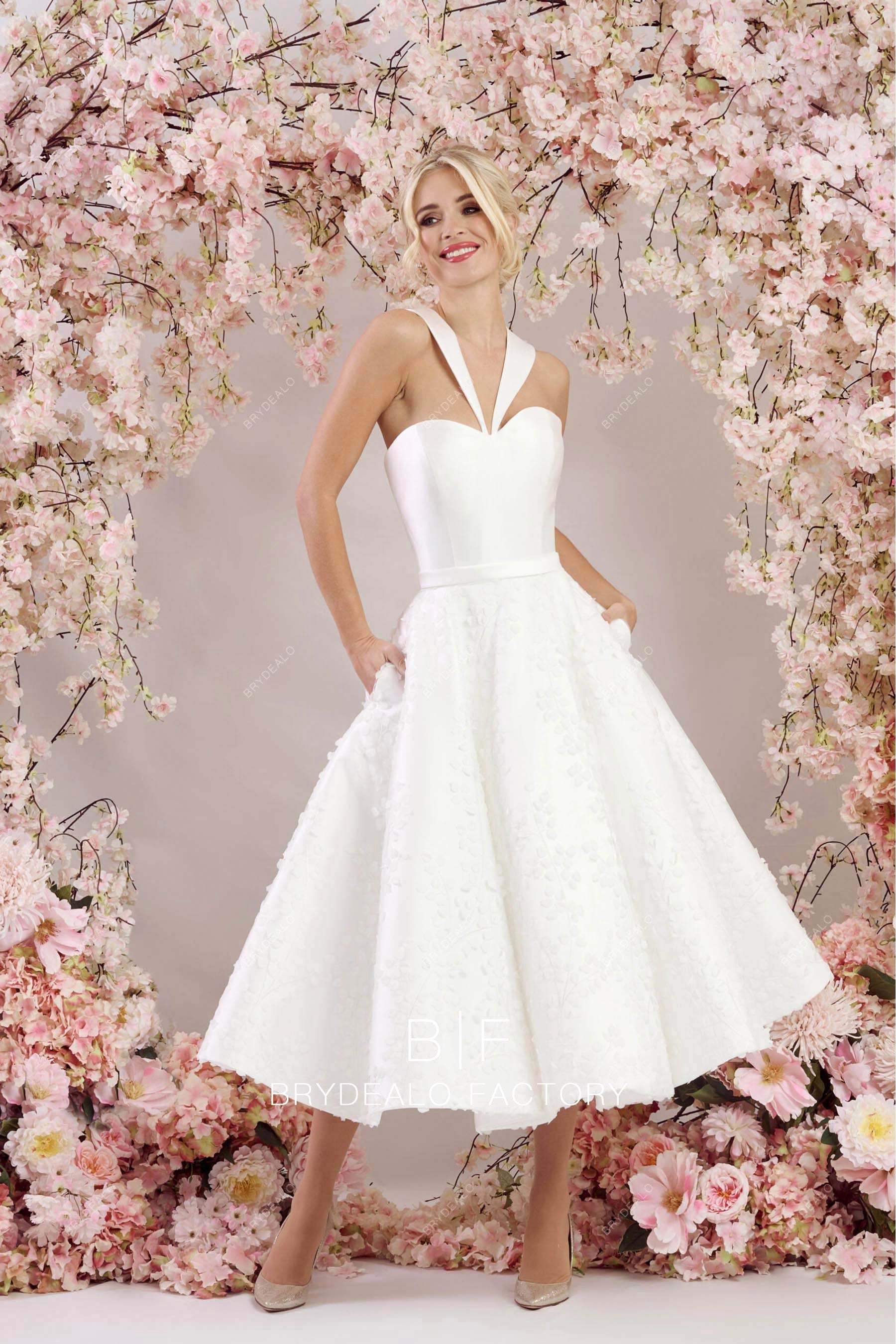 Halter Neck Refined Mikado Lace Tea Length Bridal Dress with Pocket