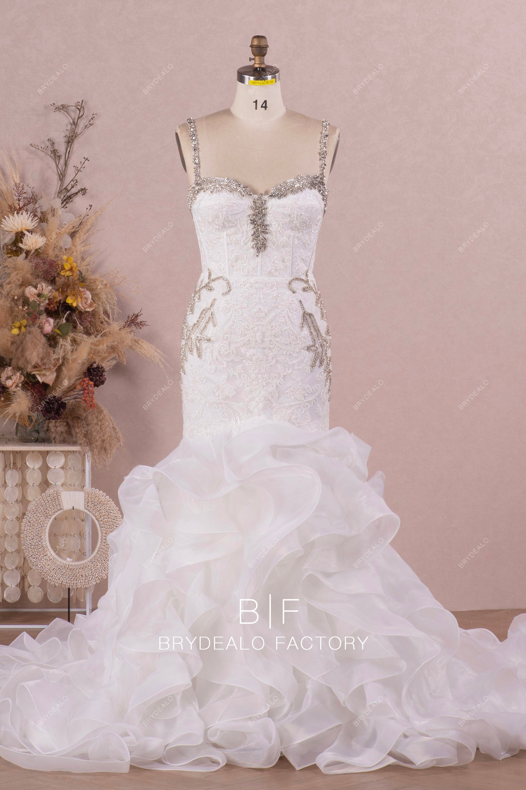 Designer Lace Sleeveless Corset Sparkly Trumpet Wedding Gown