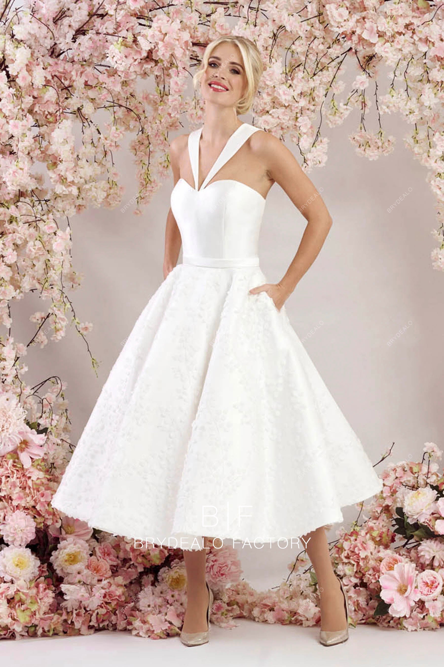 Halter Neck Refined Mikado Lace Tea Length Bridal Dress with Pocket