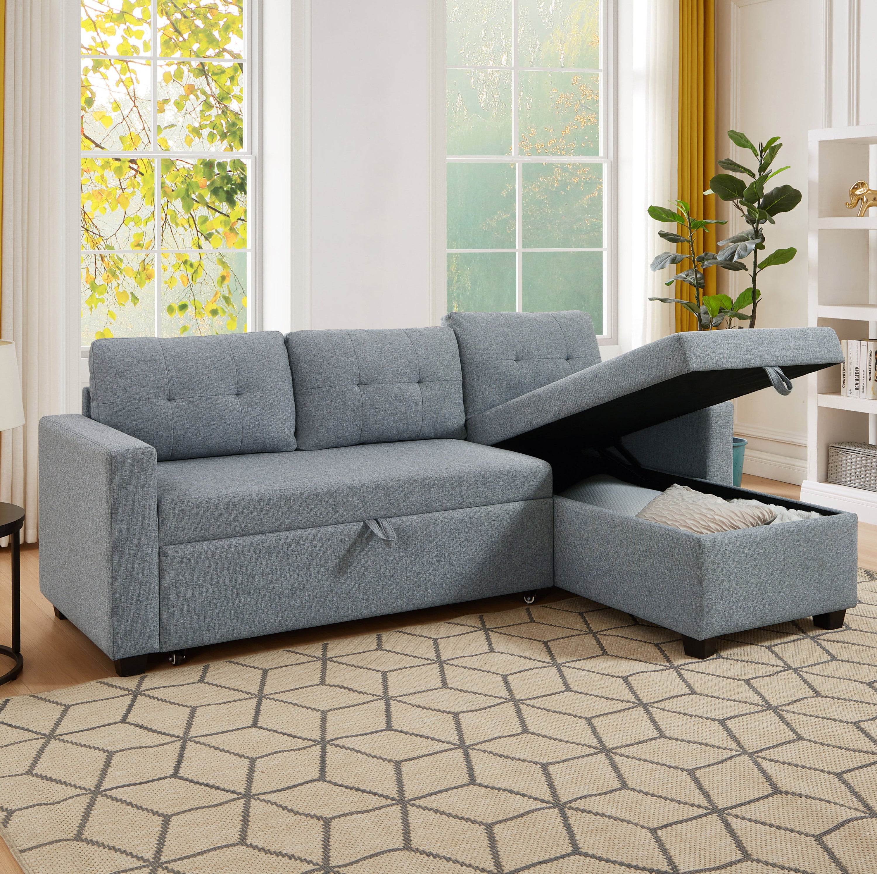 Upholstered Pull Out Sectional Sofa with Storage Chaise Convertible