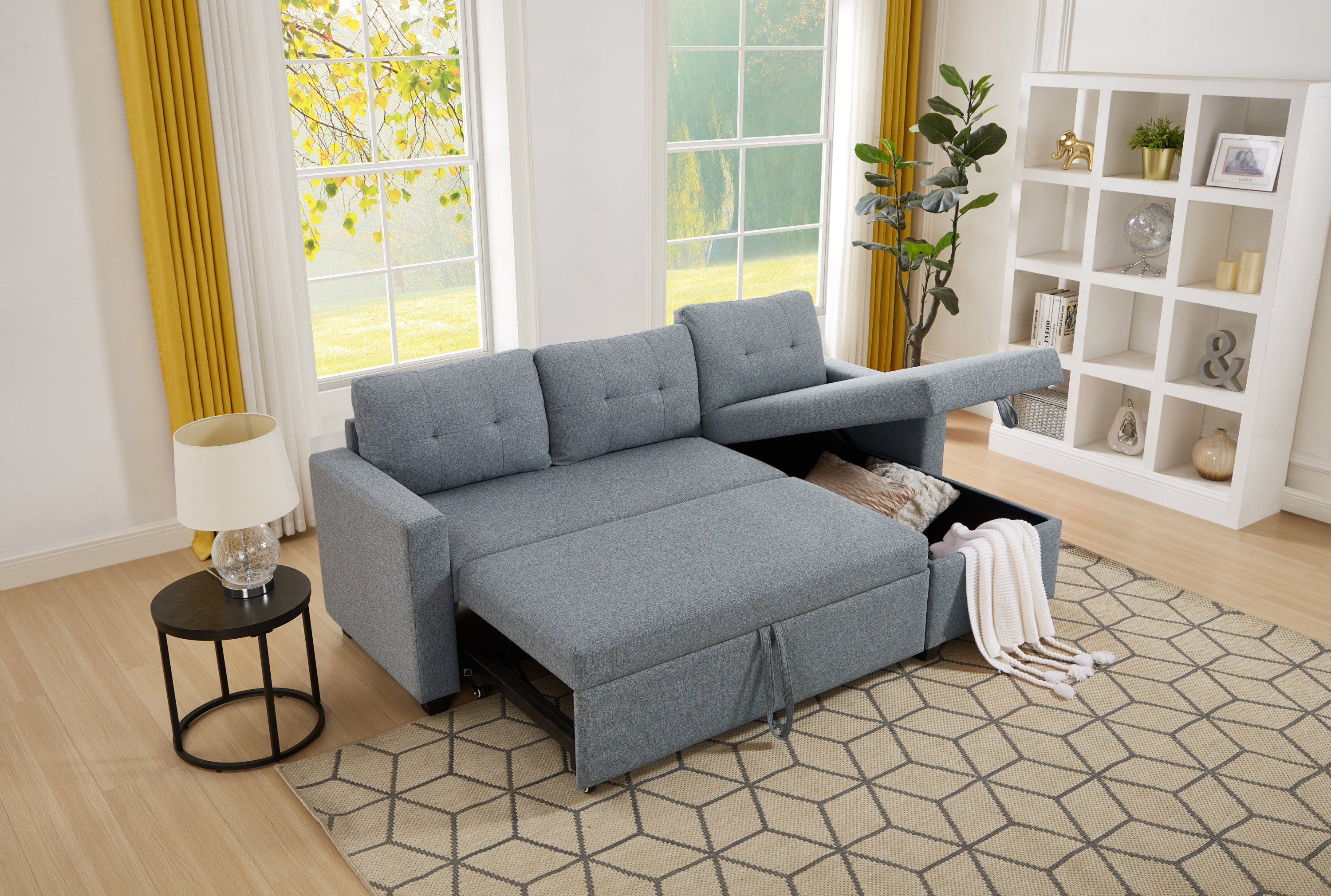 Upholstered Pull Out Sectional Sofa with Storage Chaise Convertible