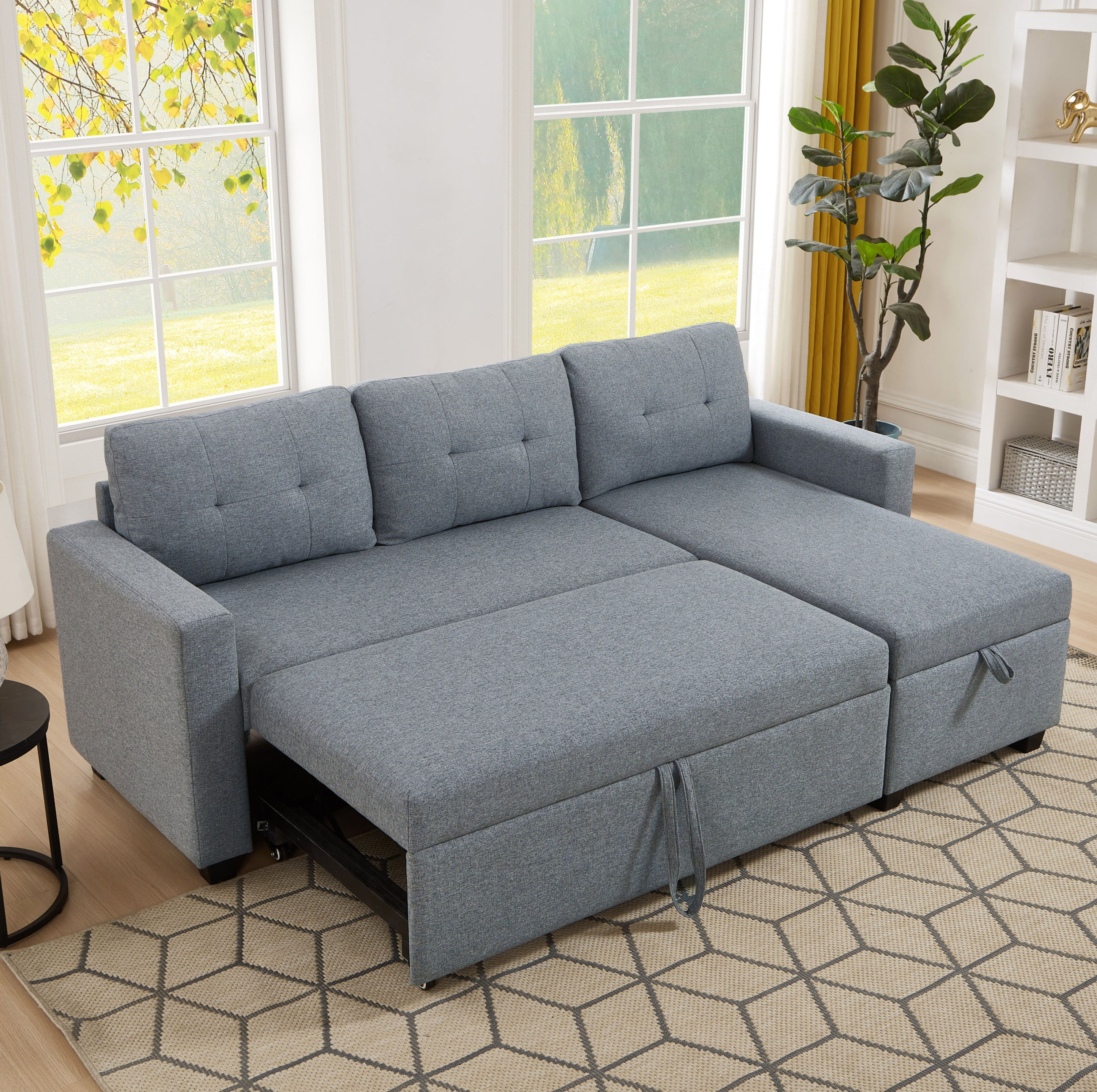 Upholstered Pull Out Sectional Sofa with Storage Chaise Convertible